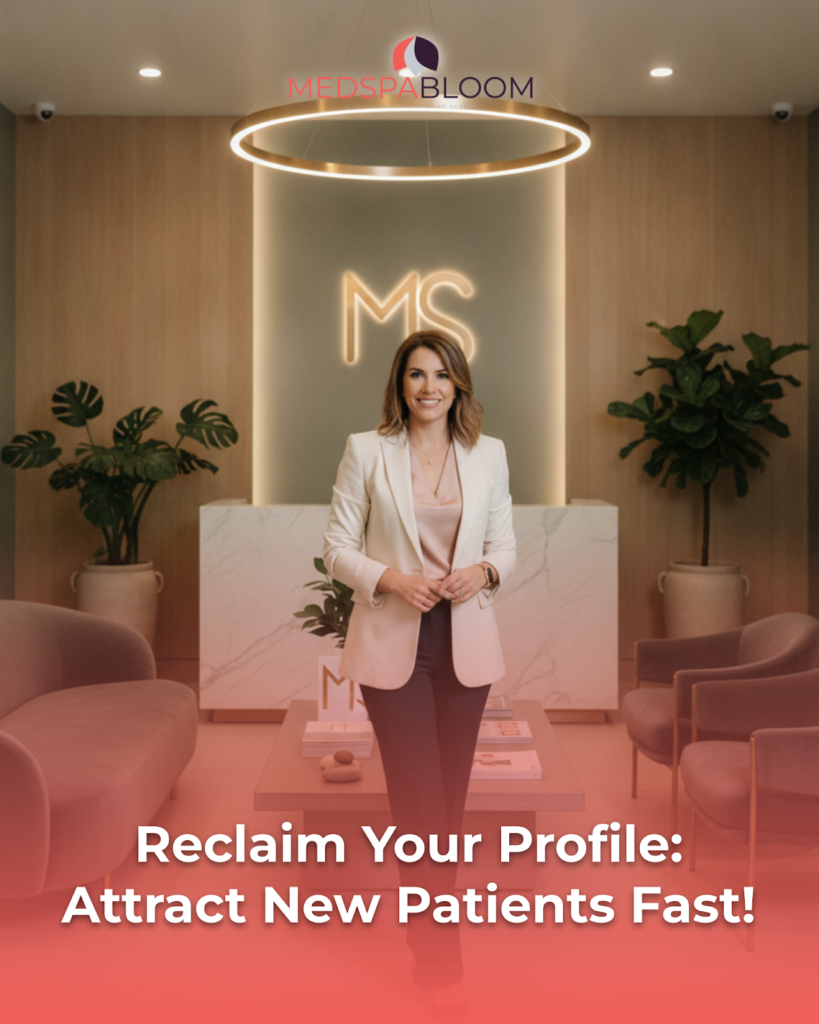 Professional woman in a white blazer stands in a modern medical office lobby with a circular light fixture and an illuminated 'MS' sign behind, overlaid by promotional text for attracting patients fast.