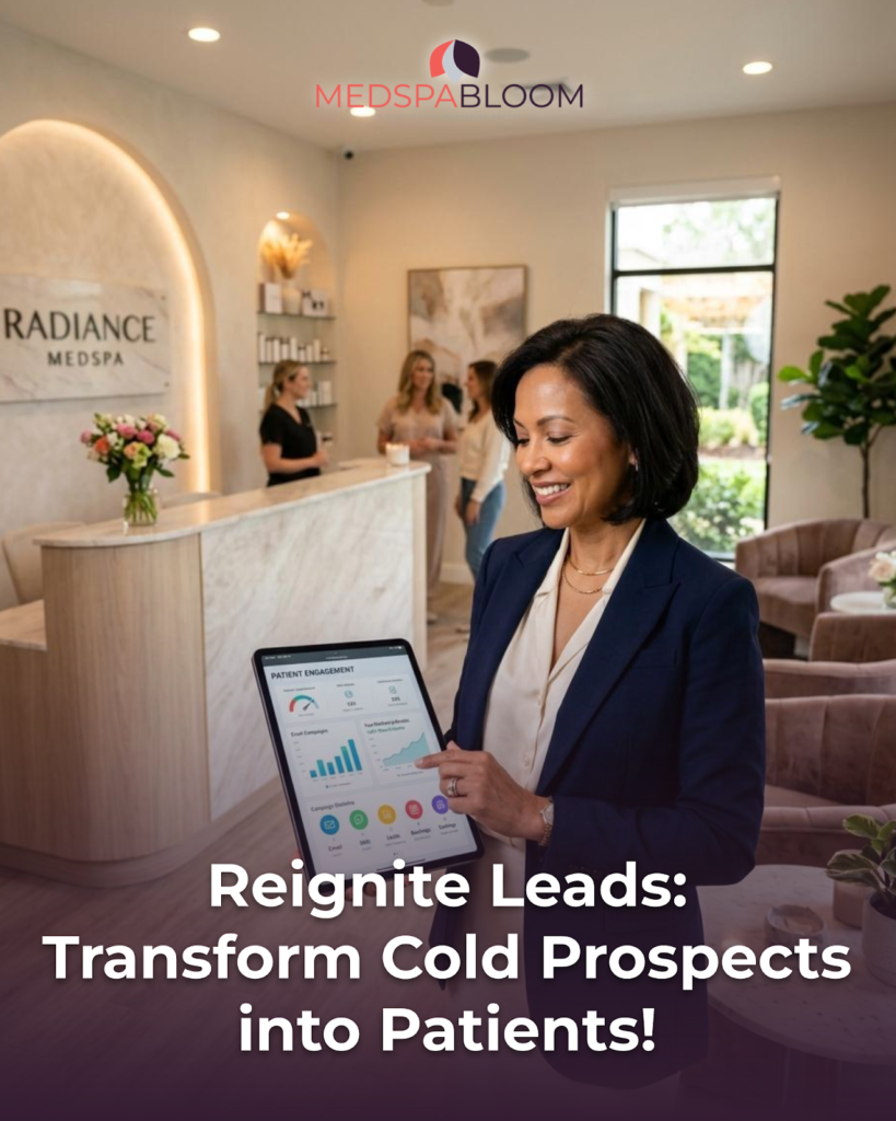 Professional woman in a navy blazer holds a tablet with charts in a modern med spa reception, MedSpaBloom logo visible overhead.