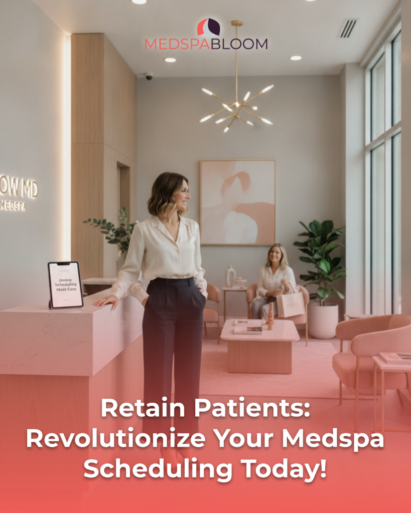 MedSpa Bloom reception with a receptionist at the counter, waiting area, and brand logo; promotional text overlay at the bottom.