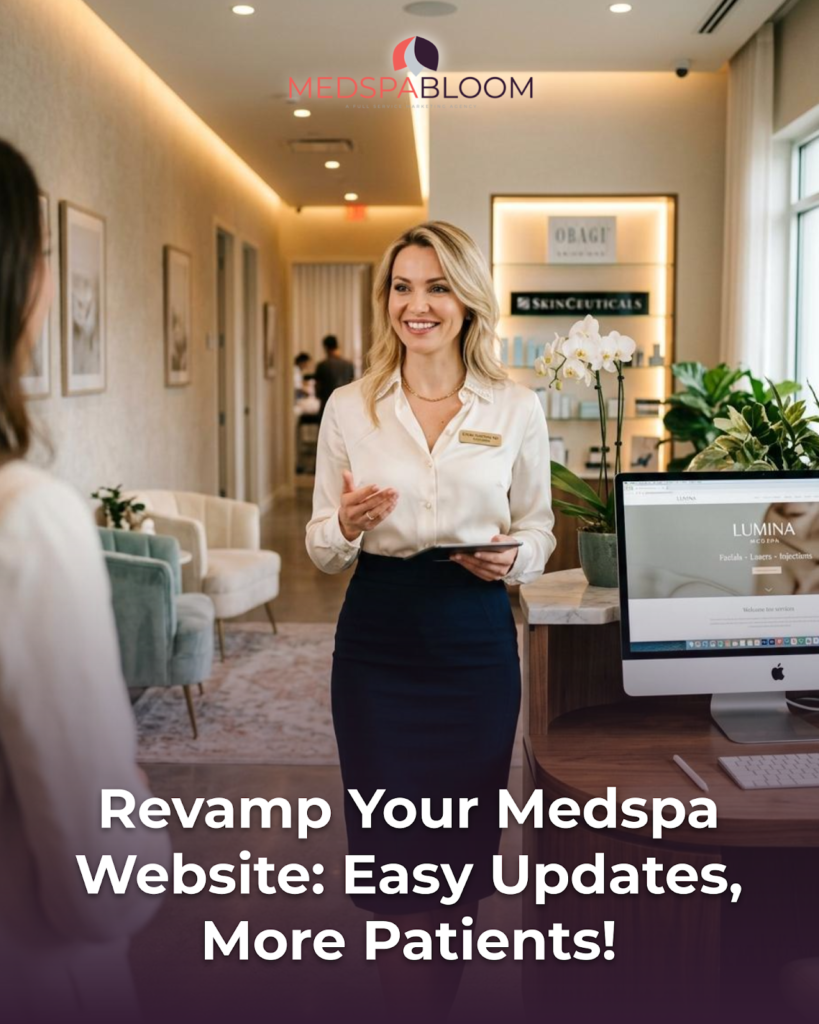 Receptionist in a white blouse stands in a modern medspa lobby holding a tablet; MEDSPA BLOOM logo visible above and a bold website headline across the bottom.