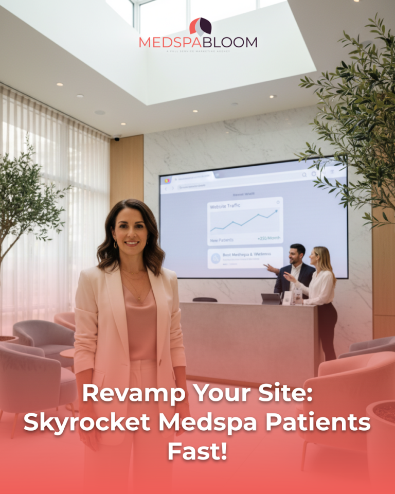 Smiling woman in a pink suit stands in a bright, modern lobby with a presentation screen behind her and the MedSpaBloom logo above the scene.