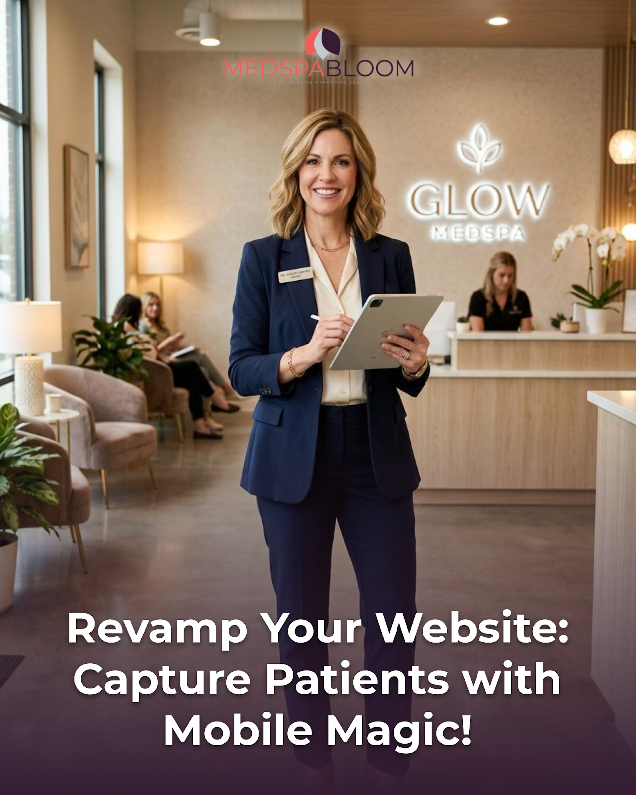 Receptionist in a navy suit holds a tablet in a modern spa lobby with a glowing Glow Medspa sign in the background (marketing hero image).
