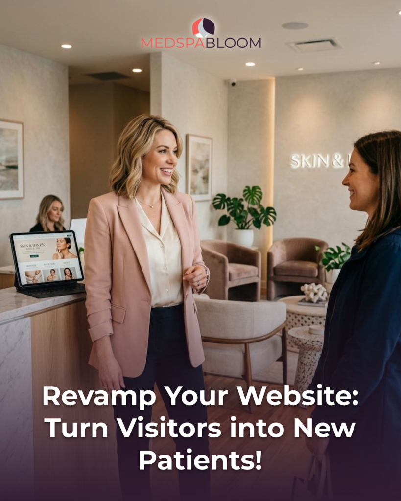 Two women talk in a modern spa reception with the MedSpaBloom logo above and a bold website-revamp banner text in the foreground.