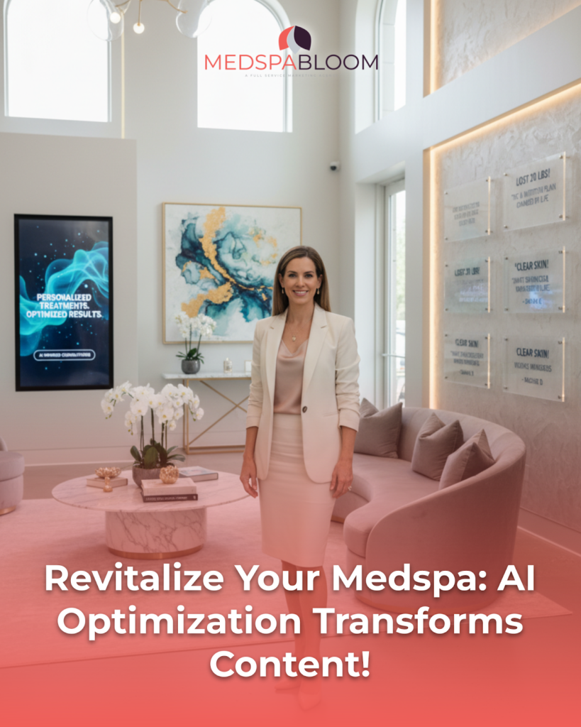 Professional woman in a beige suit standing in a modern Medspa lobby with the Medspa Bloom logo at the top, and a large article title overlay at the bottom text.