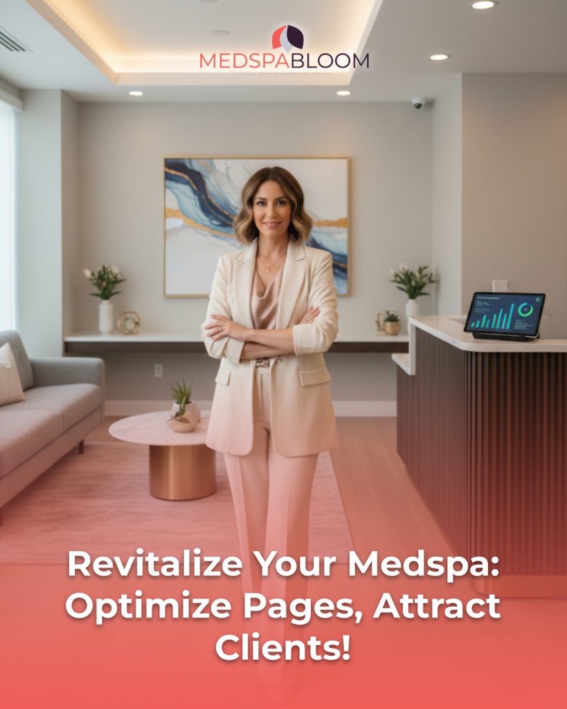 Professional woman in a beige suit standing with arms crossed in a modern reception area, MedSpaBloom logo above.