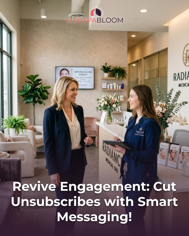 Spa reception scene with a staff member in navy scrubs talking to a client in a dark blazer near the desk, plants and brochures in view at Radiance Medical Spa.