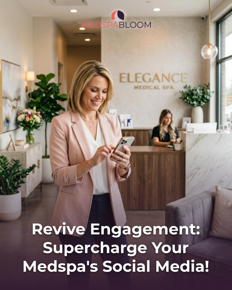 Smiling woman in a pink blazer checks her phone at a spa reception; 'Elegance Medical Spa' sign in the background.