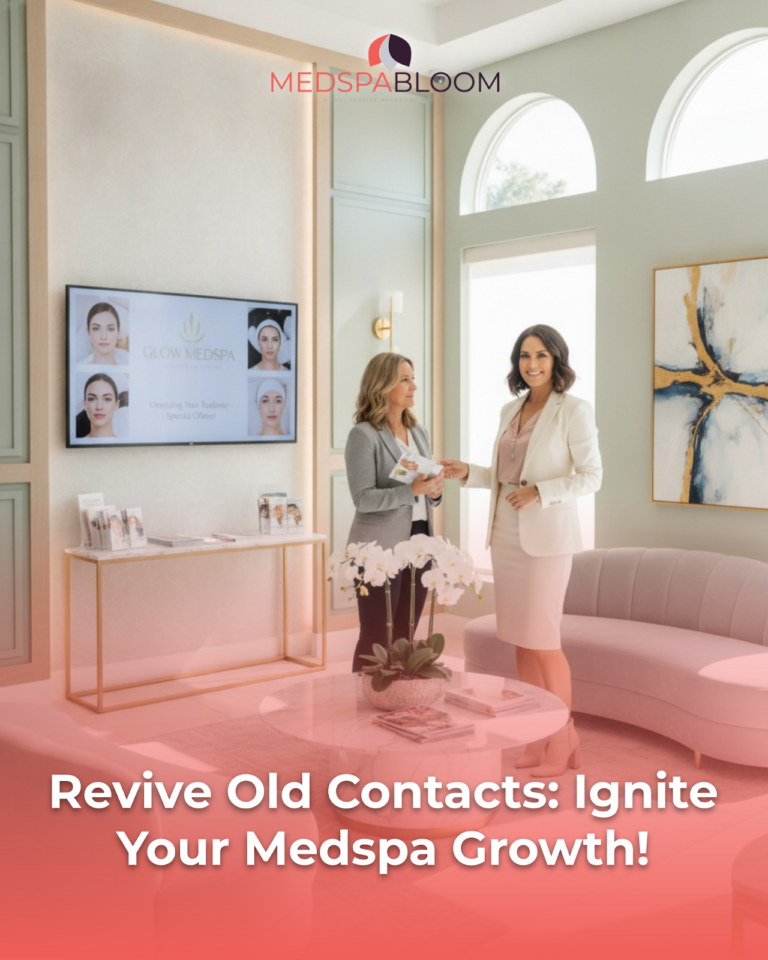 Two women in a chic pastel medspa lobby discuss near a TV screen; MEDSPA BLOOM logo sits above the scene and a marketing slogan is overlaid at the bottom.