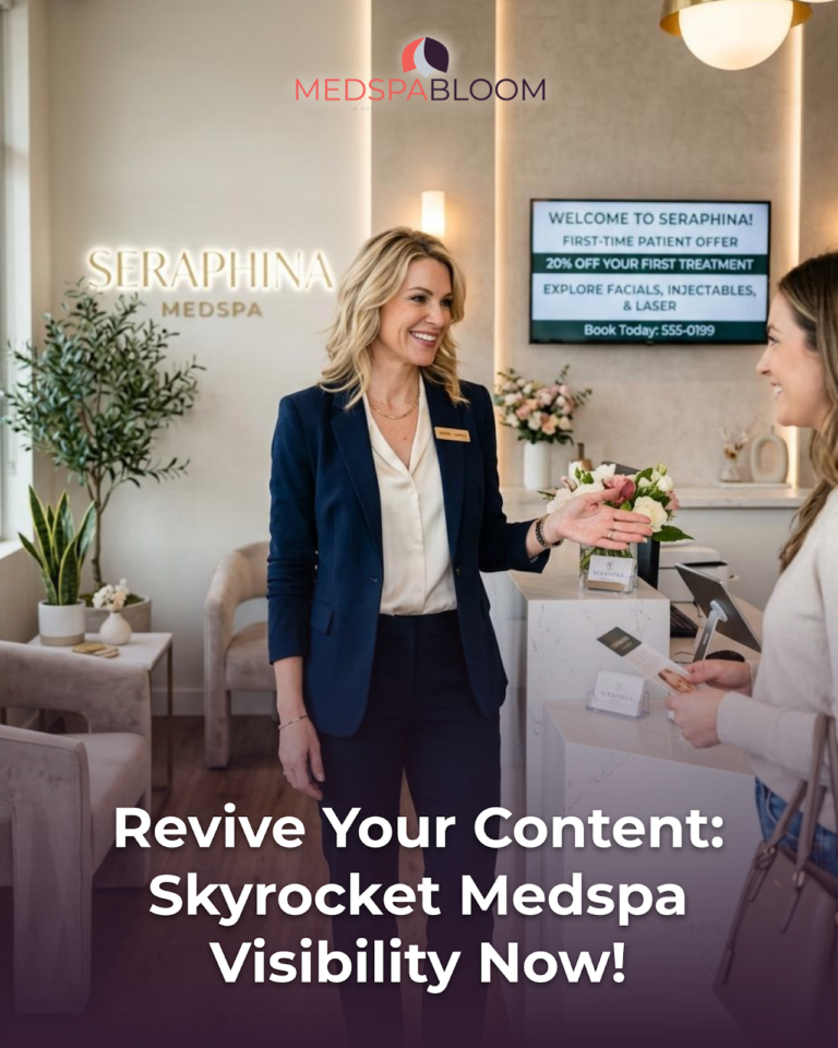 Reception area at Seraphina MedSpa with a staff member in a navy blazer greeting a client; promotional screen visible in the background.