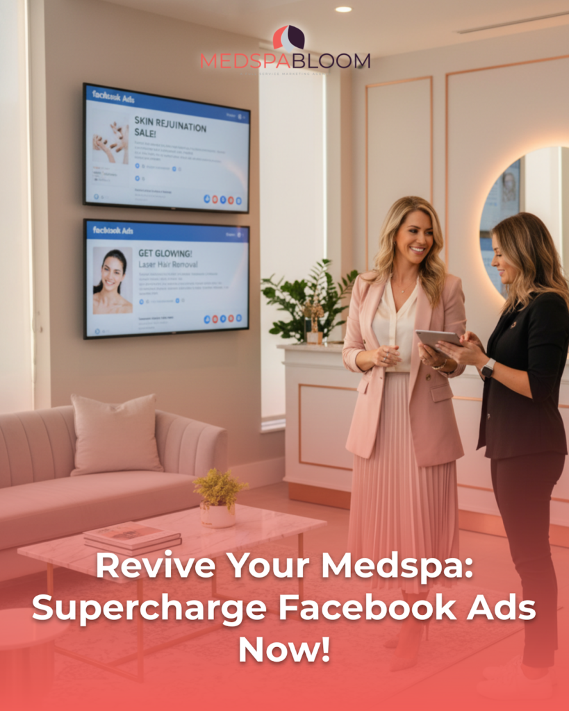 Two women in stylish outfits discuss a tablet in a modern medspa lobby with two wall screens and a MedspaBloom logo above it.
