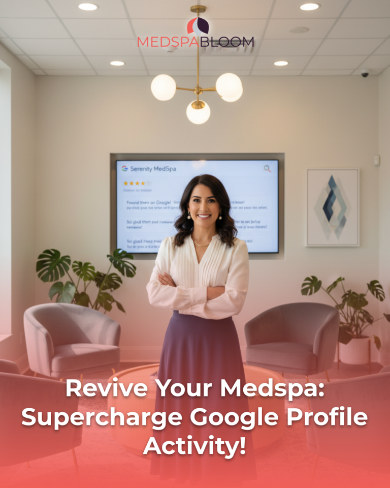 Professional woman stands in a modern lounge with MedSpa Bloom logo overhead and a promotional caption at the bottom.