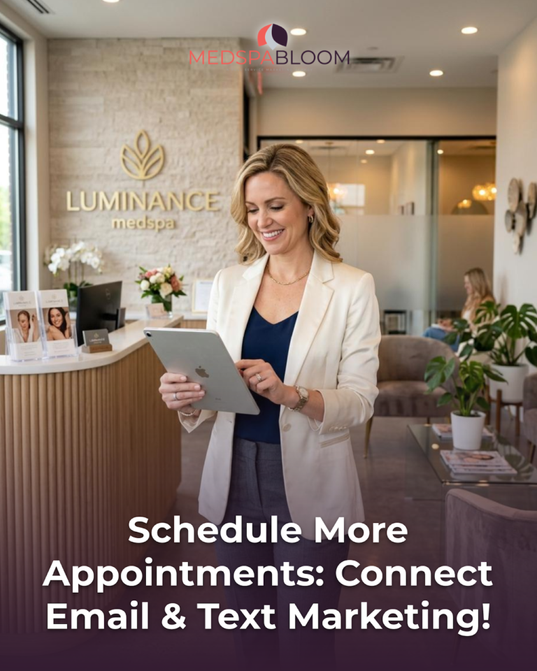 Smiling woman in a blazer uses a tablet at a spa reception with the LUMINANCE medspa sign in the background.