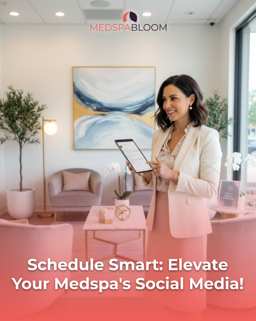 Woman in a pale pink blazer holding a tablet in a stylish Medspa lobby, with the MedSpaBloom logo overhead and the article headline overlayed in the foreground.