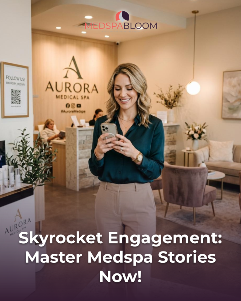 Smiling woman in a teal blouse uses her phone in the Aurora Medical Spa lobby, with front desk and seating area behind her.