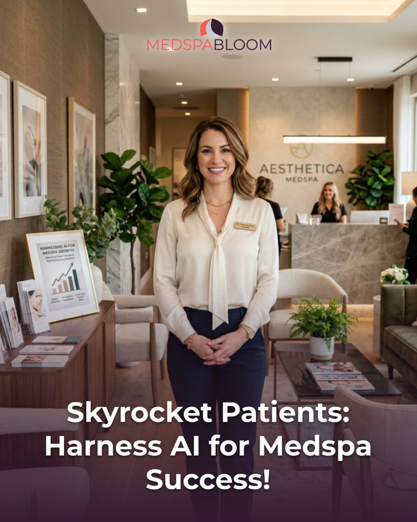 Smiling receptionist in a marble lobby with Medspa branding visible in the background; foreground shows client area and plants.