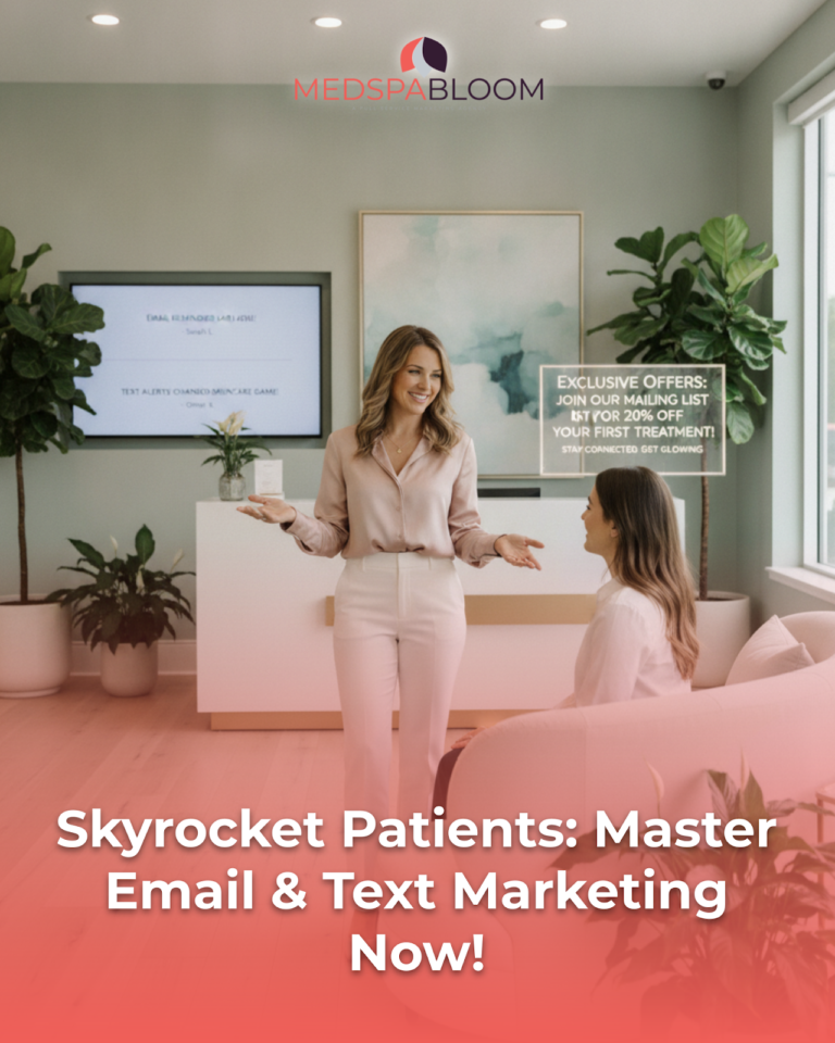 Promotional hero image: two women in a modern reception area with a large overlay headline about mastering email and text marketing for a medspa.