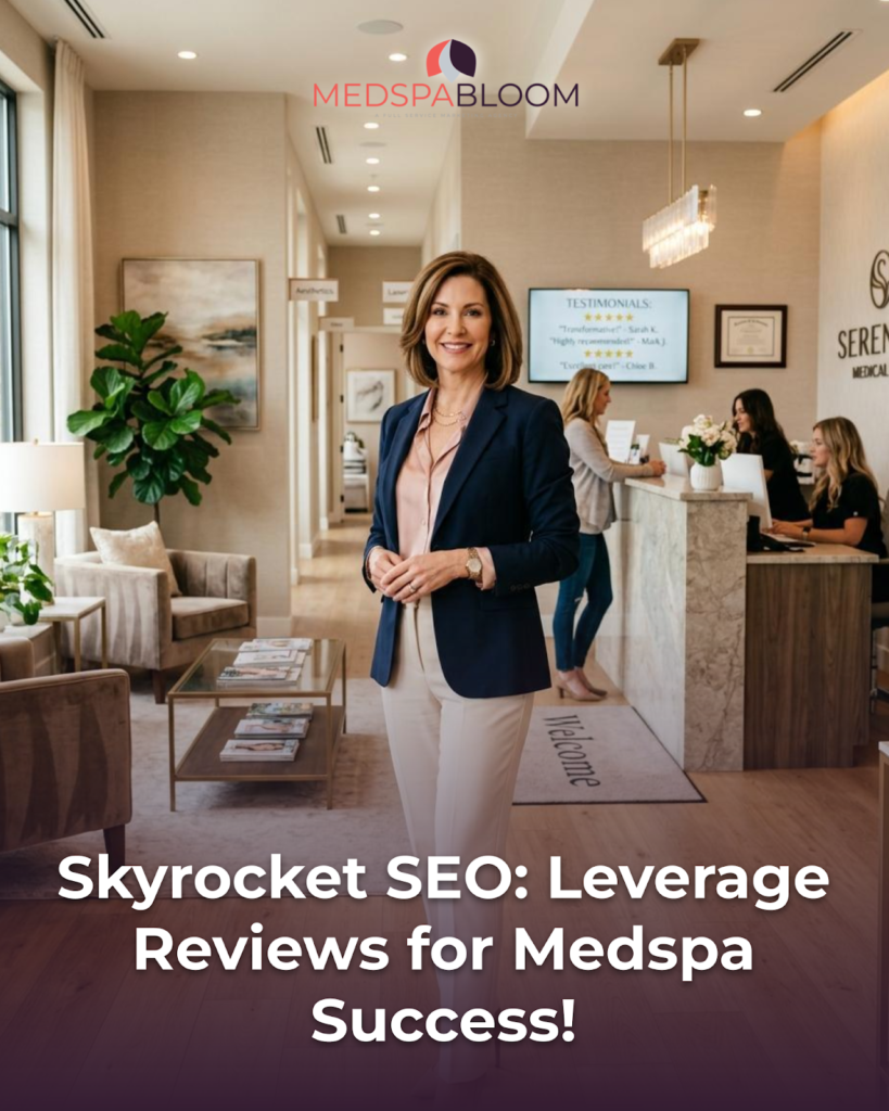 Professional woman in blazer stands in a modern medspa lobby near the reception desk; article title about SEO for medspas is overlayed on the image.