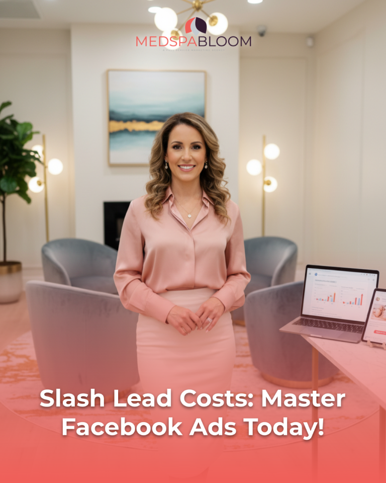 Professional woman in a pink blouse stands in a bright, modern office with the MEDSPABLOOM logo above and the article headline about Facebook ads below.