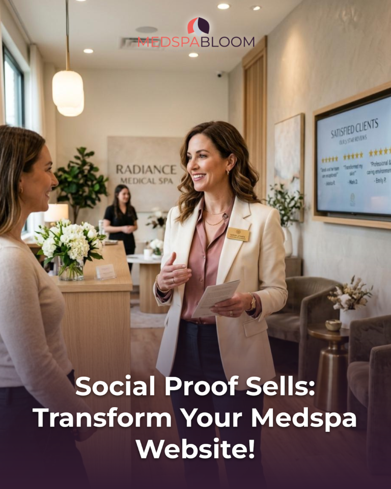 Reception area at a med spa; a staff member in a blazer greets a guest with MedSpaBloom logo above the scene.