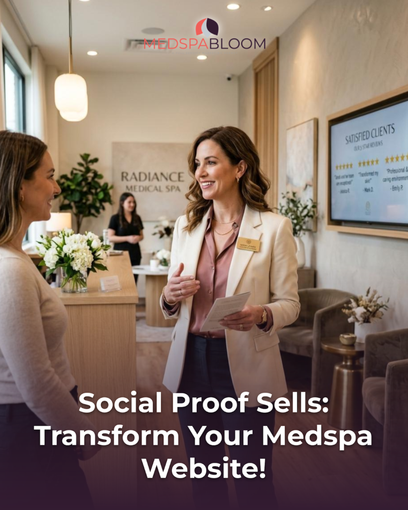 Reception area at a med spa; a staff member in a blazer greets a guest with MedSpaBloom logo above the scene.