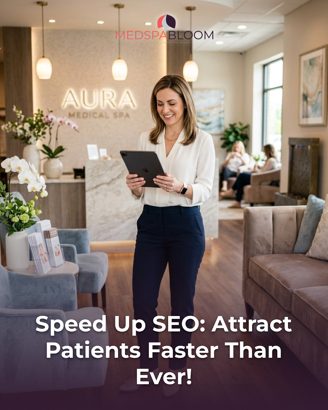 Smiling woman in a white blouse and navy pants stands in a modern spa lobby, holding a tablet with the Aura Medical Spa sign in the background.