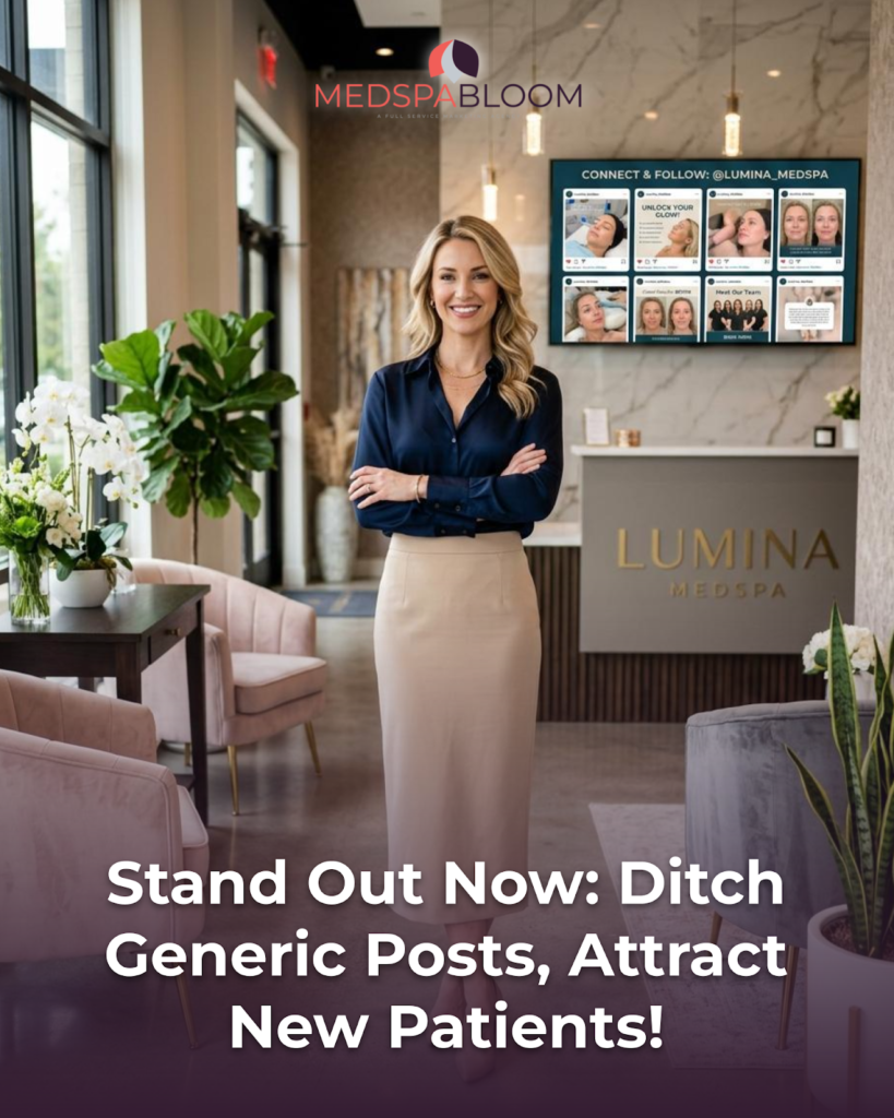 Professional woman in a navy blouse and beige skirt stands in a sleek spa lobby with a Lumina MedSpa desk in the background.