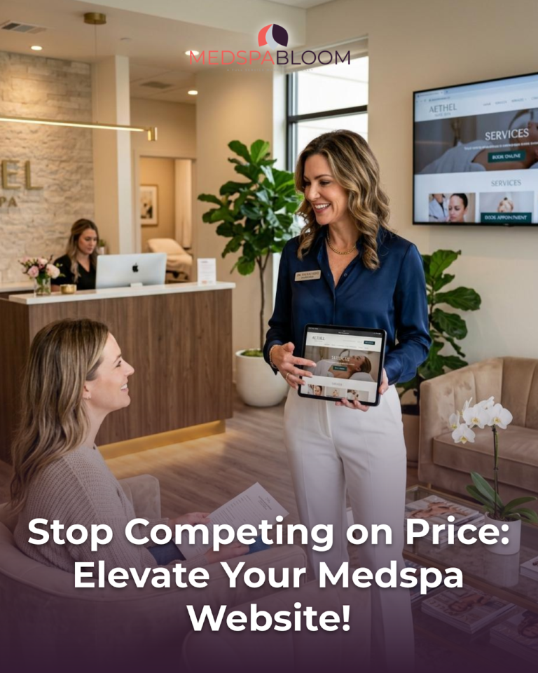 Medspa lobby scene: a receptionist shows a tablet to a seated client in a modern reception area with a large screen in the background.