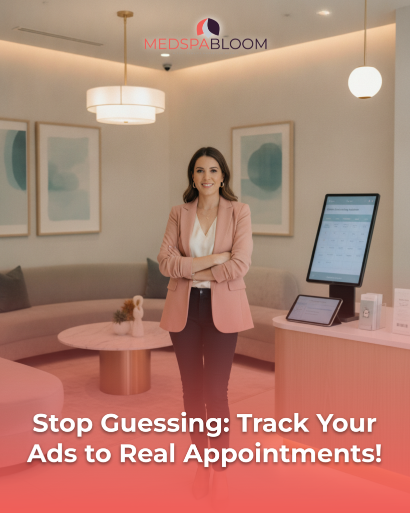 Woman in a pink blazer stands with arms crossed in a modern reception area, logo reads MEDSPA BLOOM above. Overlay text promotes tracking ads to appointments.