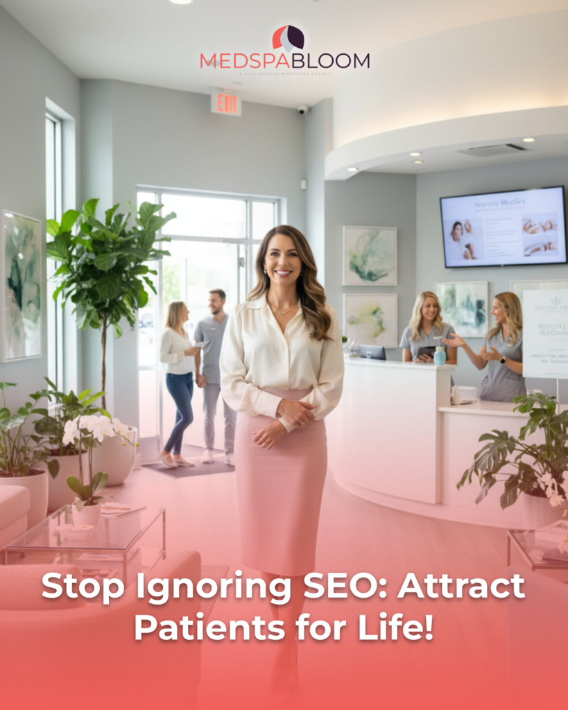Professional woman in a white blouse and pink skirt stands in a modern clinic lobby; reception desk, staff in background, and a large logo above. The overlaid headline reads: 'Stop Ignoring SEO: Attract Patients for Life!'