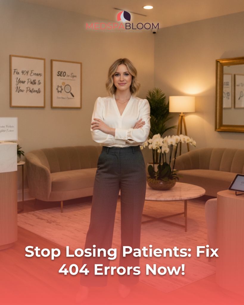 Professional woman standing in a modern reception area with MedSpaBloom branding above her; overlay text reads 'Stop Losing Patients: Fix 404 Errors Now!'