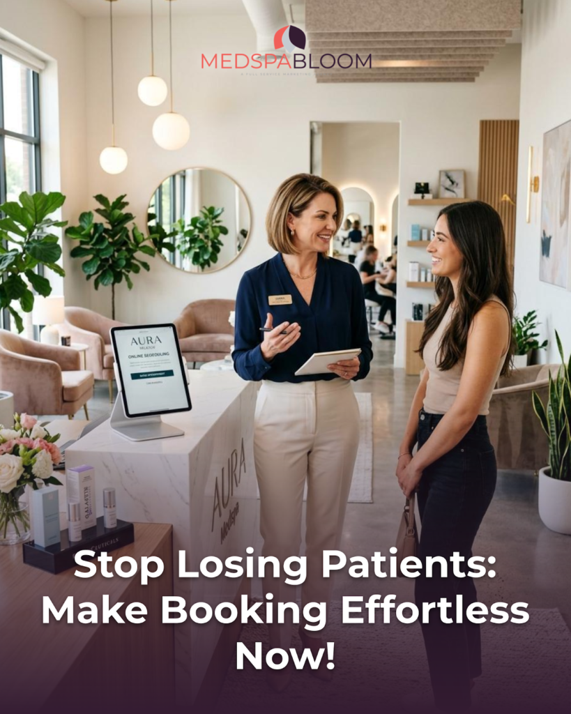 Reception area of a MedSpa with a staff member and a client chatting near a marble counter; logo reads MEDSPABLOOM above them. Currently promoting effortless online bookings.