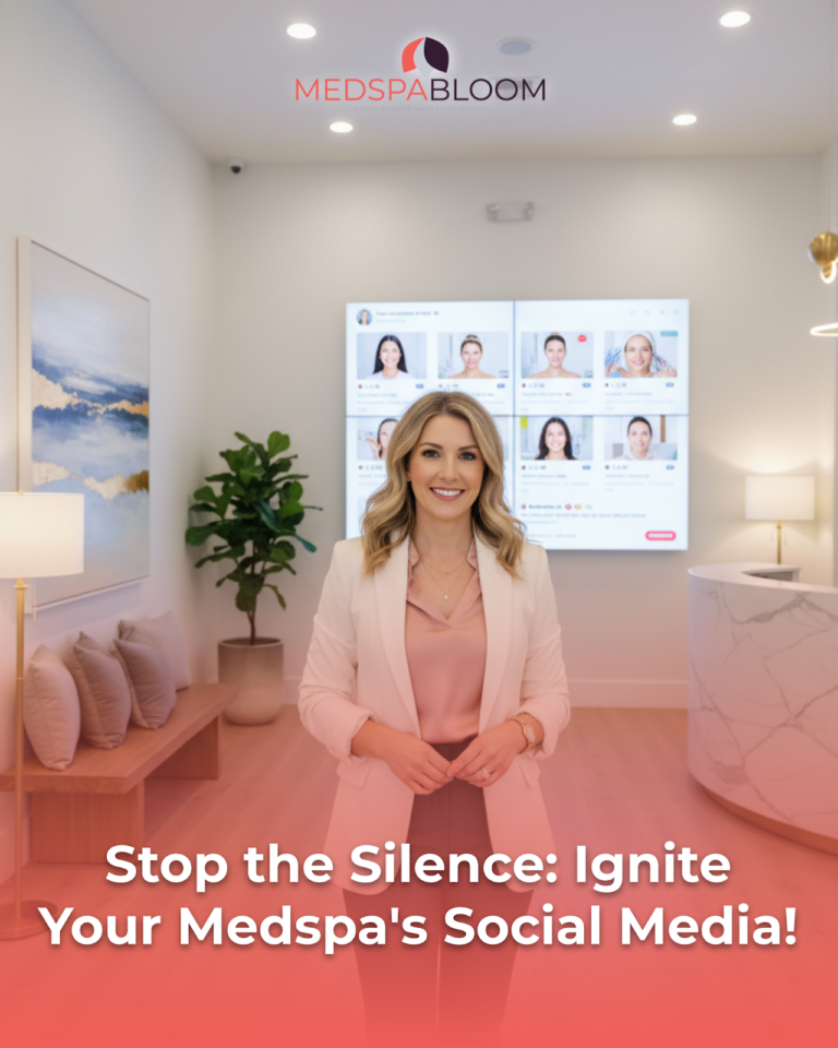 Smiling woman in a pink blazer stands in a modern reception area with a large social-media dashboard on the wall and a banner about Medspa social media campaigns.