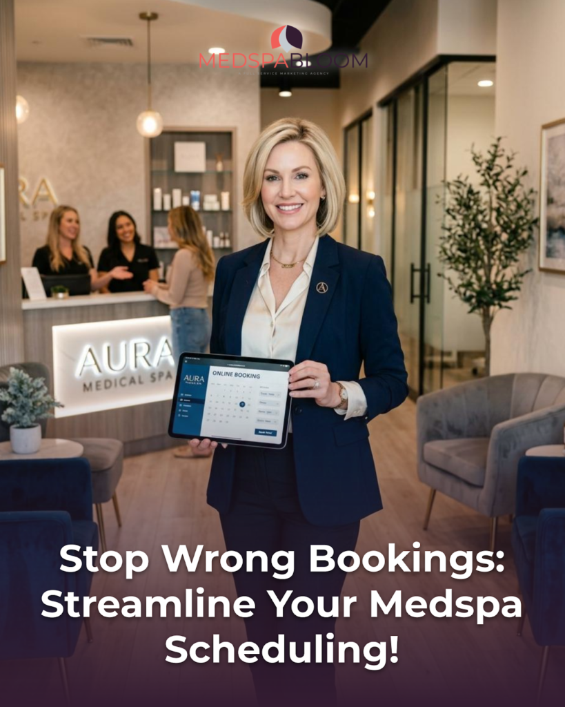 Professional woman in a navy suit holds a tablet showing online booking at a spa reception; text overlay promotes streamlined medspa scheduling.
