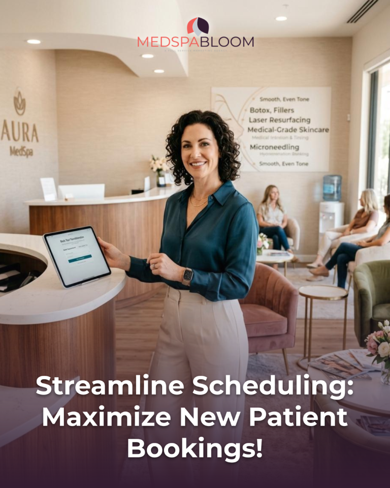 Smiling receptionist at a curved front desk using a tablet at MedSpaBloom, promoting streamlined scheduling (booking message overlaid).