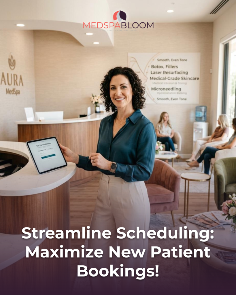 Smiling receptionist at a curved front desk using a tablet at MedSpaBloom, promoting streamlined scheduling (booking message overlaid).