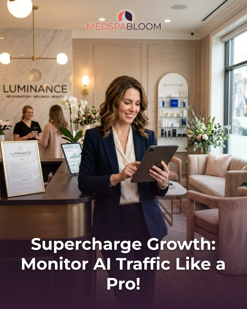 Person in navy blazer using a tablet at a hotel-style reception with LUMINANCE branding and MedSpa Bloom logo in a bright lobby, article title overlay about AI traffic growth.