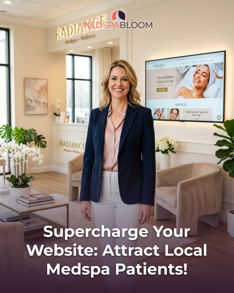 Smiling businesswoman in a medspa lobby with Radiance branding; headline reads 'Supercharge Your Website: Attract Local Medspa Patients!'