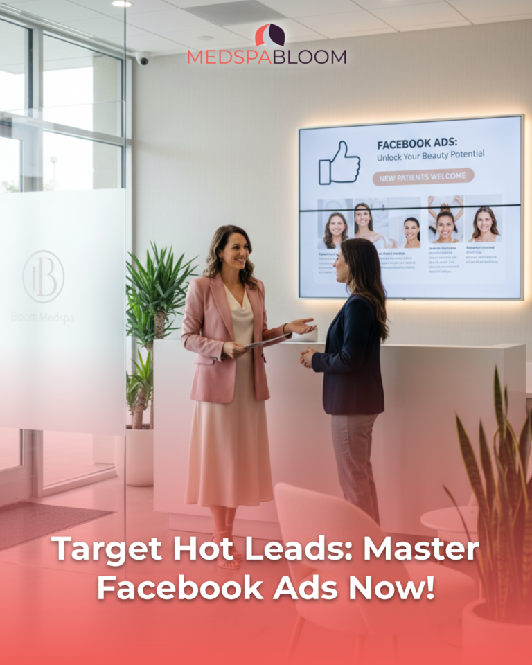 Reception area at Bloom Medspa with two women talking near a wall screen promoting Facebook ads; large overlay headline reads 'Target Hot Leads: Master Facebook Ads Now!'