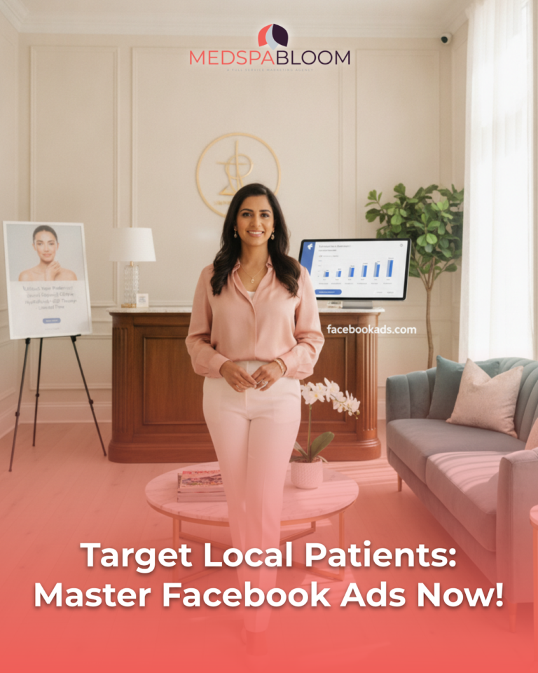Smiling woman stands in a medispa lobby beneath the MEDSPA BLOOM logo, with a monitor showing charts on the desk and a pink captioned overlay.