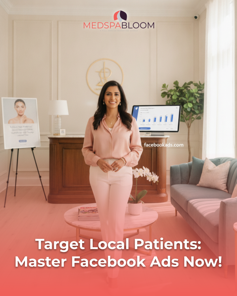Smiling woman stands in a medispa lobby beneath the MEDSPA BLOOM logo, with a monitor showing charts on the desk and a pink captioned overlay.