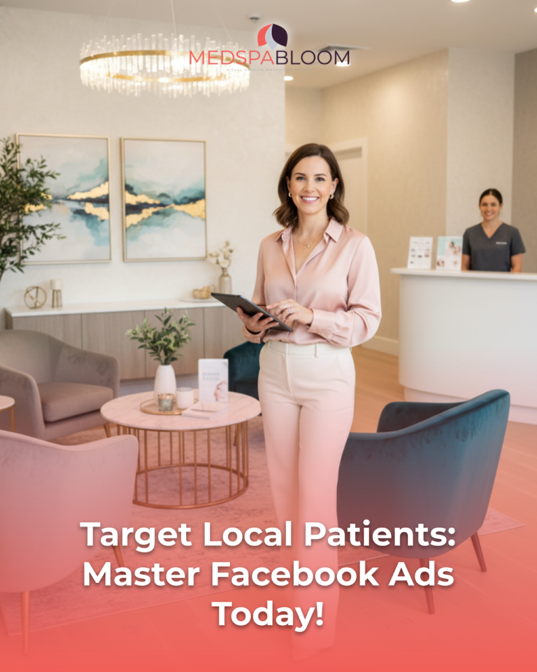 Smiling woman in a pink blouse holds a tablet in a modern MedSpa lobby while a receptionist stands in the background; promotional headline shown at bottom.