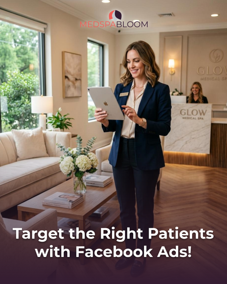 Professional woman in a navy suit uses a tablet at a spa reception, with the MedSpa Bloom logo above.