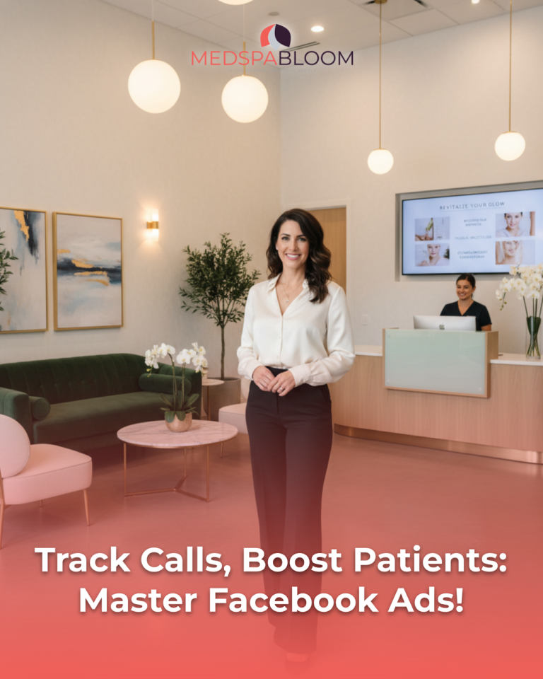 Reception lobby with a smiling woman in a white blouse; overlay reads: 'Track Calls, Boost Patients: Master Facebook Ads!'