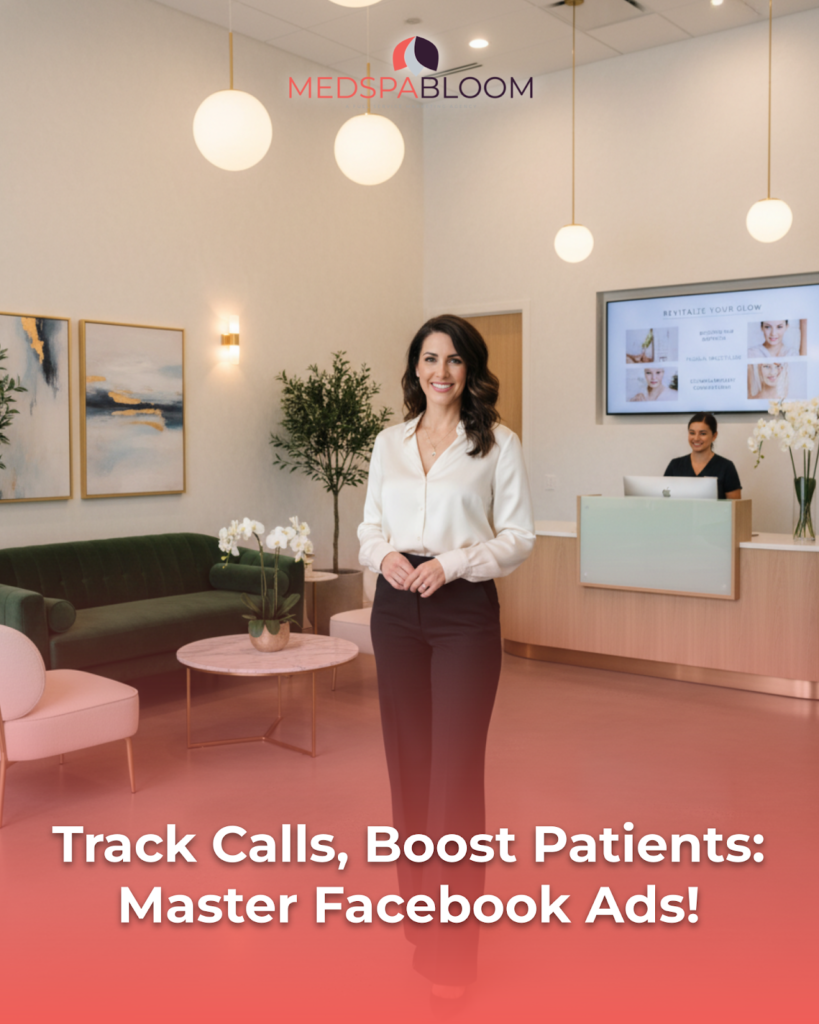 Reception lobby with a smiling woman in a white blouse; overlay reads: 'Track Calls, Boost Patients: Master Facebook Ads!'