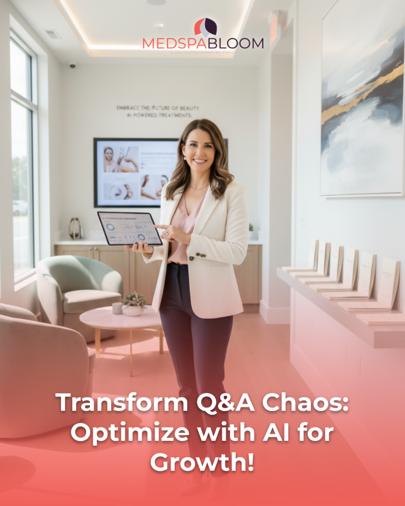 Professional woman in a white blazer presenting data on a tablet in a bright clinic lobby with MedSpaBloom branding.