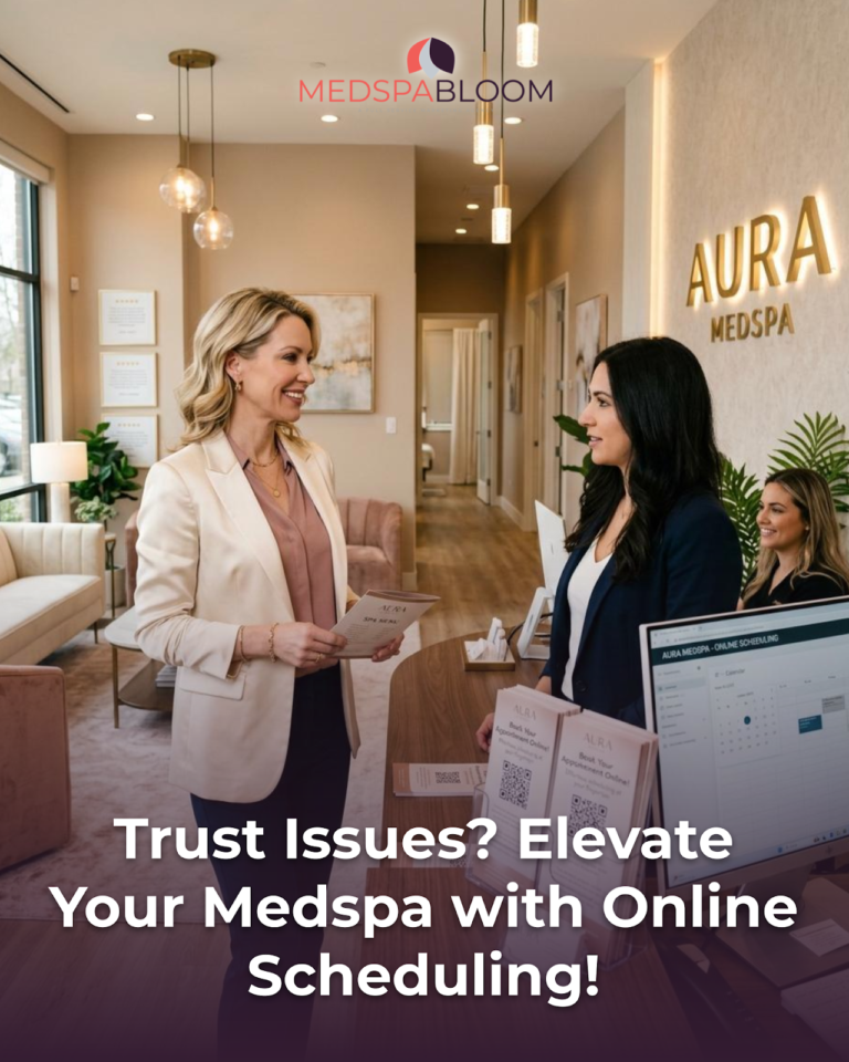 Lobby scene at Aura MedSpa with two women at the reception desk, discussing while marketing materials are visible—overlay headline promotes online scheduling.