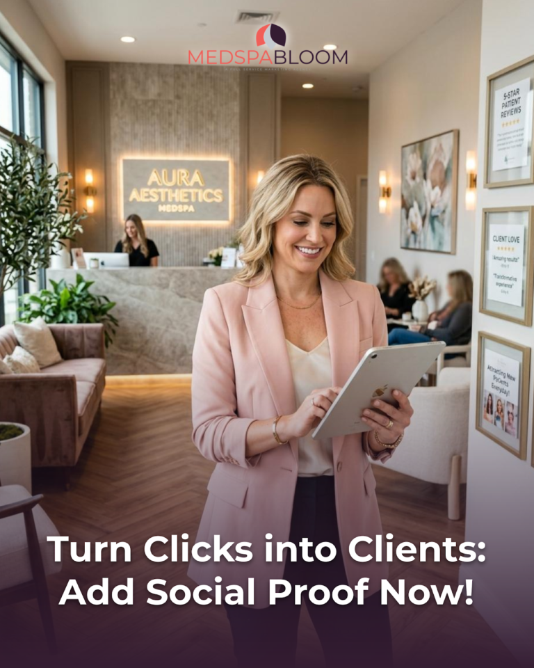 Woman in a pale pink blazer uses a tablet in a modern spa lobby, with a reception desk and MedSpaBloom logo overhead.