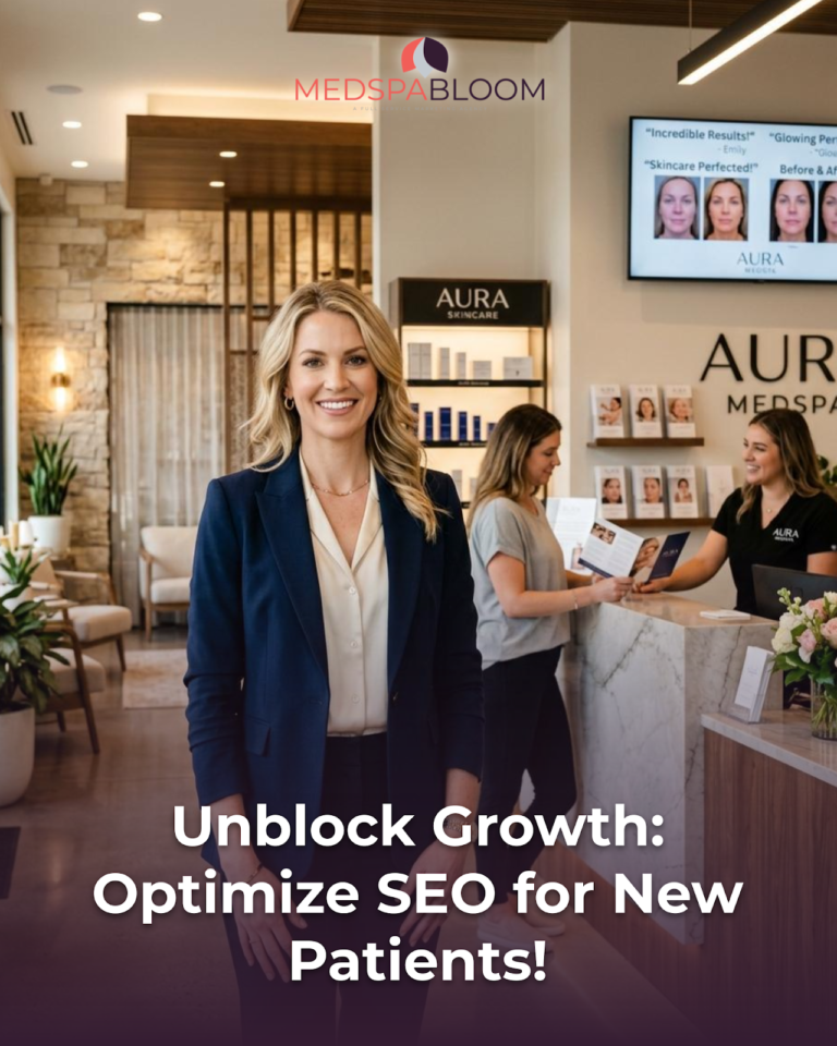 Smiling woman in a navy blazer stands at a modern medspa reception with staff assisting a client in the background; Aura skincare branding visible.