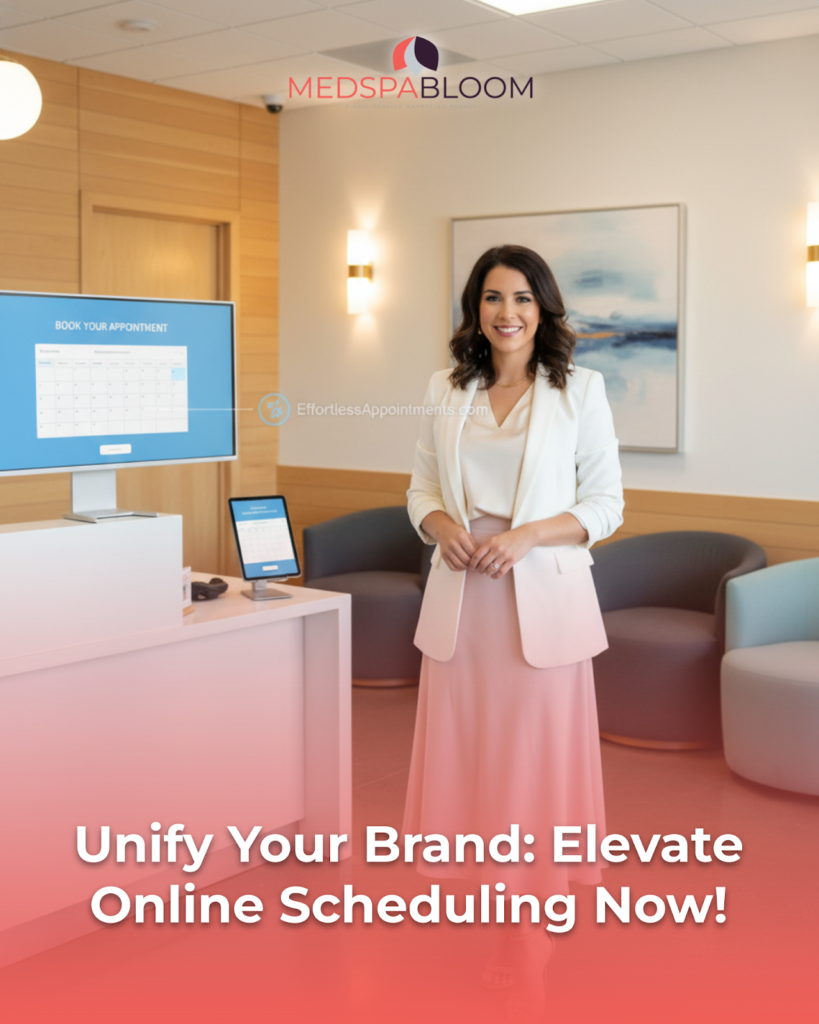 Smiling woman in a white blazer and pink dress stands in a modern reception with branding and a blue appointment screen visible, MedSpaBloom logo overhead, and a promotional headline.